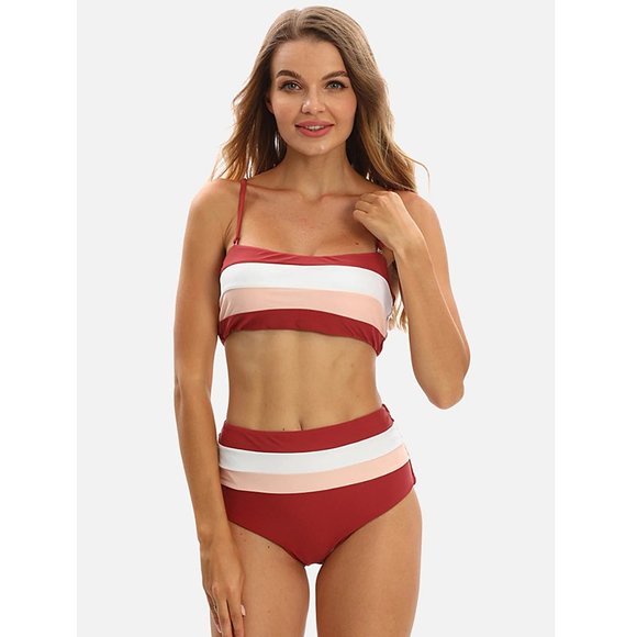 High-Waisted Colorblock Bandeau Bikini Set in Red - Picture 2 of 12